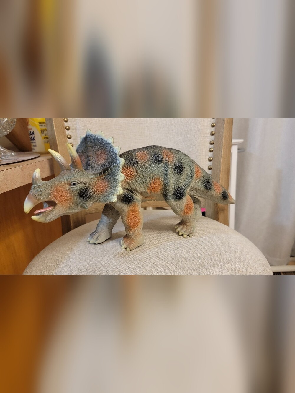Triceratops Dinosaur Figurine in Gray with Orange & Black Spots